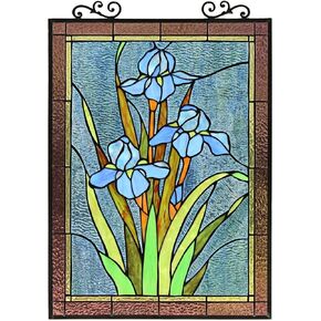 Chloe Lighting Blue IRIS Floral Tiffany-Style Verical Hanging 25" Tall Stained Glass Window Panel, Multi-Colored
