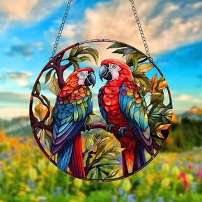 Parrot on Branch Acrylic Window Hanging, BirdsGreen Leaves Stained Acrylic Window Decor Hanging Ornaments Indoor Outdoor Garden Stained Art Panel Gift for Women Christmas Thanksgiving