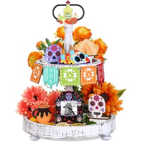 12 Pcs Day of The Dead Tiered Tray Decorations Dia De Los Muertos Decor Garlands Skull Candles Alter Picture Frame Wooden Tabletop Ofrenda Centerpieces for Dia De Los Muertos Party