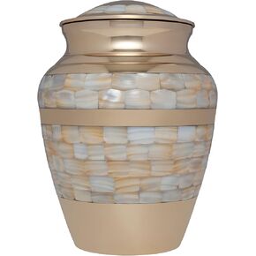 Mother of Pearl Gold Funeral Urn by Cremation Urn for Human Ashes - Hand Made in Brass - Suitable for Cemetery Burial or Niche - Large Size fits Remains of Adults up to 200 lbs - Mother of Pearl