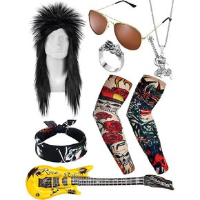 9 Pcs Halloween 80s Rocker Costume Set Rock Wig Fabric Headband Tattoo Sleeve Gloves Cuff Glasses Inflatable Guitar (Cool)