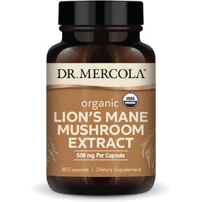 Dr. Mercola Organic Lion's Mane Mushroom Extract, 30 Servings (30 Capsules), 500 mg Per Capsule, Dietary Supplement, Supports Mental Focus & Cognitive Health, Non-GMO, Certified USDA Organic