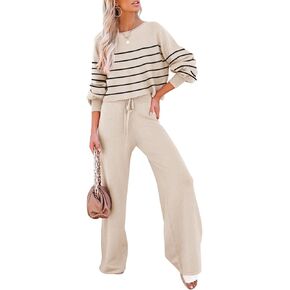 Pink Queen Two Piece Outfits for Women Lounge Sets Striped Knitted Sweater Tops Wide Leg Pants Loungewear Fall 2024
