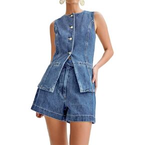 Women Y2k Denim 2 Piece Set Crew Neck Sleeveless Button Down Vest and High Waist Jean Shorts Pants Jean Outfit