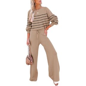 Pink Queen Two Piece Outfits for Women Lounge Sets Striped Knitted Sweater Tops Wide Leg Pants Loungewear Fall 2024 in Kuwait