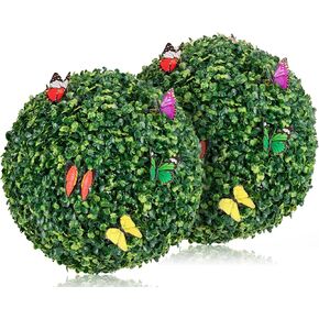 2 PCS 19.7 Inch Artificial Topiary Balls with 10 Colorful Butterflies - UV Resistant Faux Greenery for Indoor and Outdoor Use, Decorative Plants for Garden, Patio, Porch, and Wedding Décor
