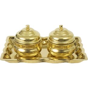 Putrika Traditional Handcrafted Brass Thali Haldi kumkum Chandhan Holder Stand Plate with Lid for Pooja/Worship- Rectangle 2Leaf-Bowl