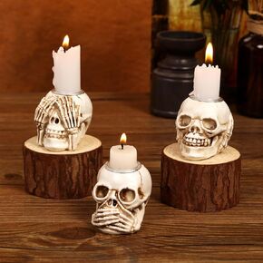 3 Piece Halloween Skull Candle Holder for Table Centerpieces Fireplace Halloween Decor and Dinner Party Resin Halloween Candlesticks Holder, WW-179