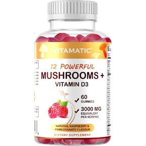 Vitamatic Mushroom Complex with D3 Gummies, 3000 mg Equivalent Per Serving, 60 Pectin Based Gummies