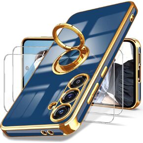 Dretal for Samsung Galaxy S23 FE 5G Case, 2X Tempered Glass Screen Protector, 360° Rotatable Ring Holder Magnetic Kickstand,Plated Gold Edge Slim Soft TPU Protective Phone Case Cover (Purple) in Saudi Arabia