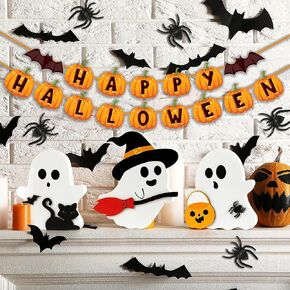22Pcs Halloween Decorations Indoor, Halloween Spooky Decorations with 3 Charming Wooden Tiered Tray Decorations, 12Pcs 3D Bats Wall Decor, 1Pcs HAPPY HALLOWEEN Banner and 6Pcs Spider Decorations