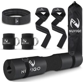 9 Pcs Gym Accessories Set Featuring Barbell Pad with 2 Safety Straps - 2 Ankle Straps for Cable Machine - 2 Weight Lifting Straps - Hip Resistance Band - Carry Bag for Hip Thrust Pad