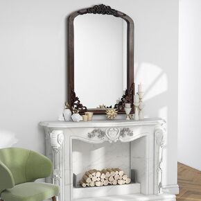 NicBex 36" x 24" Arched Vintage Wall-Mounted Mirror, Solid Wood Frame, Carved Mirror Vanity, Dressing Mirror, Charcoal Brown