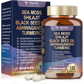 25-in-1 Sea Moss Black Seed Oil Ashwagandha Ginger Shilajit Supplement 18525mg, Sea Moss Capsules with Bladder Burdock Ceylon Cinnamon Berberine ACV Manuka Vit C&D3 for Immune, Gut & Energy, 120 Caps