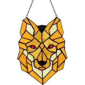 Stained Glass Window Hanging Wolf Decor Ornaments,Handcrafted Stained Glass Sun Catcher Gifts for Jungle Animal Lover (Yellow)