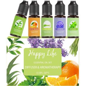 Essential Oils Sets Pure Oils kit- Top 5 Aromatherapy Oils Gift Set-5 Pack, 10ML(Lavender, Lemon Grass, Orange, Peppermint, Tea Tree)-Green Mini