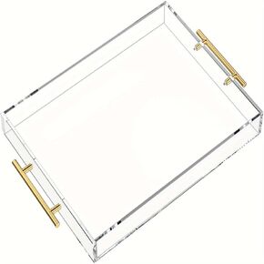 Clear Acrylic Serving Tray with Golden Handles, 16x12 Inch, Decorative Storage Organizer, Clear/Gold