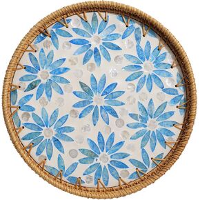 Rattan Serving Tray Use for Storage and Display of Coffee Bread Food Fruit, Round Wicker Home Decor Tray with Mother of Pearl Inlay, Boho Decor Coffee Table Tray (Feather-Gray)