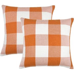 4TH Emotion Set of 2 Farmhouse Buffalo Check Plaid Throw Pillow Covers Cushion Case Polyester Linen for Fall Home Decor Orange and White, 18 x 18 Inches