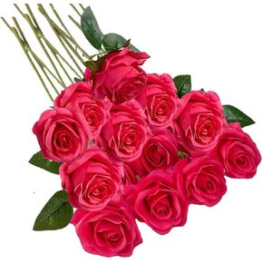 16PCS Artificial Silk Flowers Realistic Roses Bouquet Long Stem for Home Wedding Decoration Party (Red)