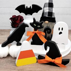 6 PCS Halloween Decorations Indoor, Halloween Table Decorations for Home, Free Standing Wooden Signs with Witch's Hat, Black Cat, Black Crow, Ghost, Bat, Candy Corn for Tiered Tray, Desk and Mantle.