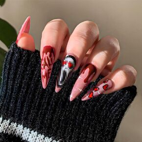Halloween Press on Nails Long Stiletto Fake Nails Cute Gothic False Nails with Ghost Skull and Snake Designs Full Cover Acrylic Stick on Nails Black Glossy Glue on Nails for Women 24Pcs