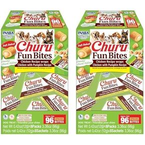 INABA Churu Fun Bites for Dogs, Soft & Chewy Baked Chicken Wrapped Filled Dog Treats with Vitamin E, 0.42 Ounces per Tetra, 8 Tetras per Box, Chicken with Sweet Potato Recipe