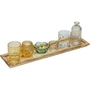 Creative Co-Op 6 Embossed Glass Tealight/Votive Candle Holders with Vase and Wood Tray, Multicolor and Natural