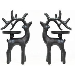 Reindeer Candle Holder Set of 2 Metal Reindeer Buck Pillar Candle Holders Black Antlers Tabletop Holiday Decor.