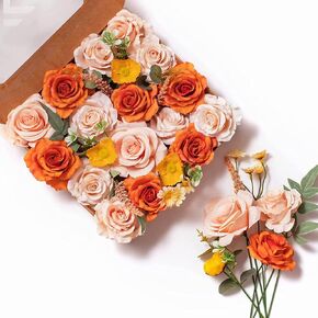 Fake Rose Artificial Flowers: Silk Flowers Burnt Orange Dalia Artificial Flowers Bouquet Bulk Fall Fake Flowers for Decoration Fake Flowers Centerpiece Burgundy Orange Rose