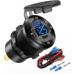 2 PACK 12V USB Car Socket Round USB C 12V Outlet, 3-Port Marine USB Fast Charger Waterproof Cigarette Outlet USB Replacement Aluminum with Switch & Voltmeter, Suitable for Boat Golf Cart RV Motorcycle