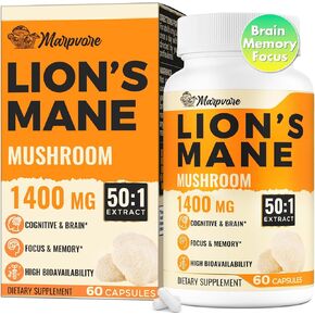 70,000mg Lions Mane Supplement Capsules - 50x Strength Potency Lions Mane Supplement Extract, 50% Polysaccharides | Brain Supplements for Memory and Focus, Energy, Cognitive, Mood & Immunity - 60 Caps