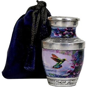 HLC Keepsake Urn - Humming Bird Urn for Ashes with 1 Velvet Box Bag-Mini Keepsake pet Urn - Mini Memorial Affordable Keepsake Urn (3.5 cu.in)
