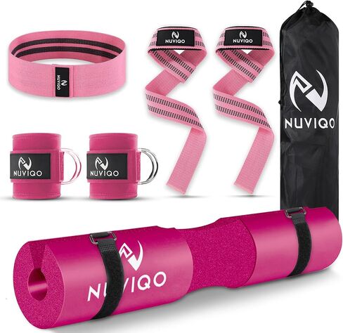 9 Pcs Gym Accessories Set Featuring Barbell Pad with 2 Safety Straps - 2 Ankle Straps for Cable Machine - 2 Weight Lifting Straps - Hip Resistance Band - Carry Bag for Hip Thrust Pad in Kuwait