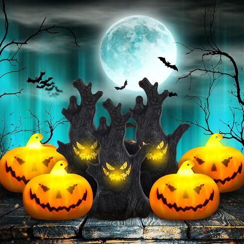7 قطع من فانوس الهالوين جاك أو فانوس اليقطين ضوء شجرة مخيفة، قرع بلاستيكي مخيف، فانوس شجرة ميتة يضيء اليقطين للأماكن الداخلية والخارجية، ديكورات حفلات منزل الشرفة in Kuwait