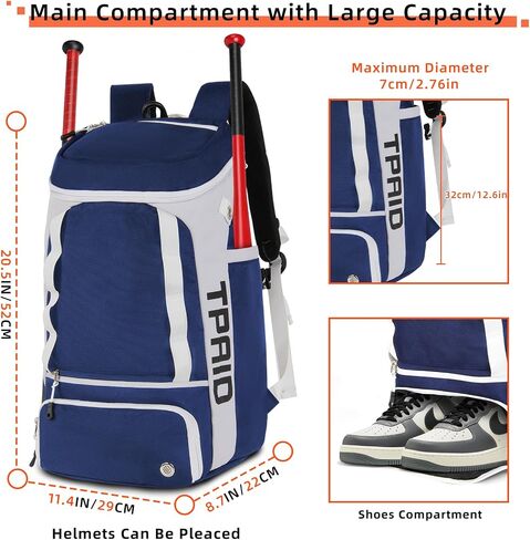 TPAID Baseball Backpack Large Capacity Softball Bag with Shoes Compartment and Fence Hook, Lightweight Baseball Equipment Bag Holds Bats, Helmets, Gloves, Hats, Clothes, Shoes in Saudi Arabia