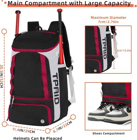 TPAID Baseball Backpack Large Capacity Softball Bag with Shoes Compartment and Fence Hook, Lightweight Baseball Equipment Bag Holds Bats, Helmets, Gloves, Hats, Clothes, Shoes in Saudi Arabia