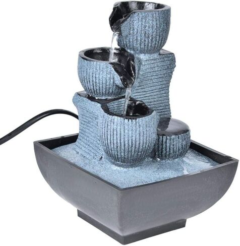 نافورة منضدية ذات 4 طبقات مع ضوء LED - نافورة سطح مكتب من الراتنج ونافورة شلال داخلية - ديكور داخلي من Zen للاسترخاء في المنزل والمكتب (قابس أمريكي) in Kuwait