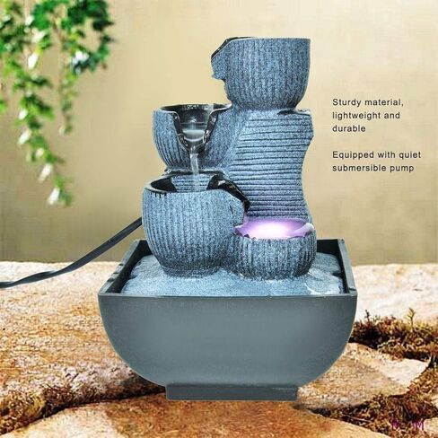 نافورة منضدية ذات 4 طبقات مع ضوء LED - نافورة سطح مكتب من الراتنج ونافورة شلال داخلية - ديكور داخلي من Zen للاسترخاء في المنزل والمكتب (قابس أمريكي) in Kuwait