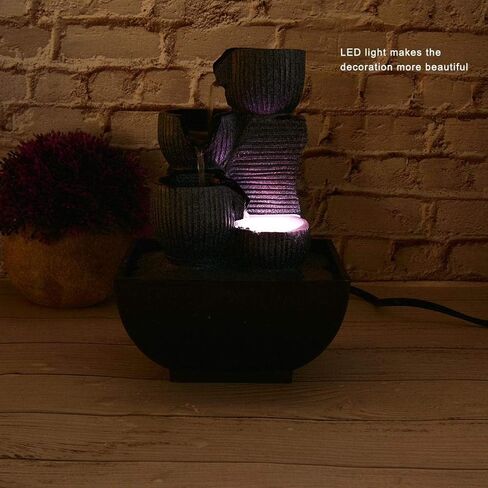 نافورة منضدية ذات 4 طبقات مع ضوء LED - نافورة سطح مكتب من الراتنج ونافورة شلال داخلية - ديكور داخلي من Zen للاسترخاء في المنزل والمكتب (قابس أمريكي) in Kuwait