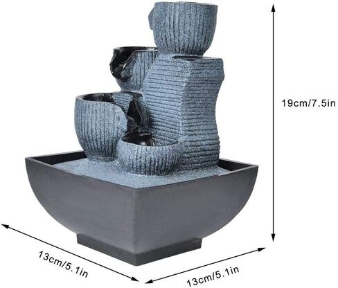 نافورة منضدية ذات 4 طبقات مع ضوء LED - نافورة سطح مكتب من الراتنج ونافورة شلال داخلية - ديكور داخلي من Zen للاسترخاء في المنزل والمكتب (قابس أمريكي) in Kuwait
