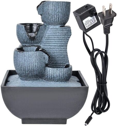 نافورة منضدية ذات 4 طبقات مع ضوء LED - نافورة سطح مكتب من الراتنج ونافورة شلال داخلية - ديكور داخلي من Zen للاسترخاء في المنزل والمكتب (قابس أمريكي) in Kuwait