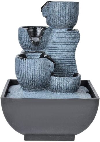 نافورة منضدية ذات 4 طبقات مع ضوء LED - نافورة سطح مكتب من الراتنج ونافورة شلال داخلية - ديكور داخلي من Zen للاسترخاء في المنزل والمكتب (قابس أمريكي) in Kuwait