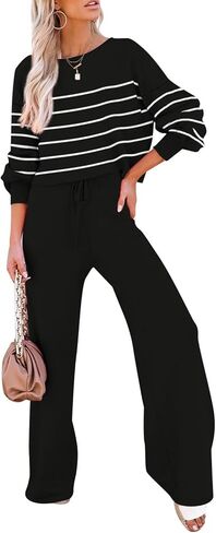 Pink Queen Two Piece Outfits for Women Lounge Sets Striped Knitted Sweater Tops Wide Leg Pants Loungewear Fall 2024 in Saudi Arabia
