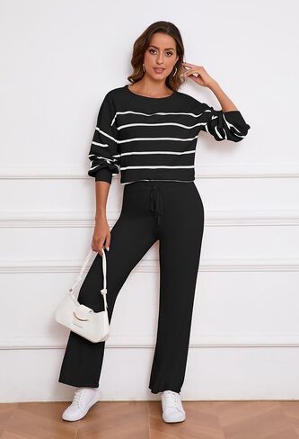 Pink Queen Two Piece Outfits for Women Lounge Sets Striped Knitted Sweater Tops Wide Leg Pants Loungewear Fall 2024 in Saudi Arabia