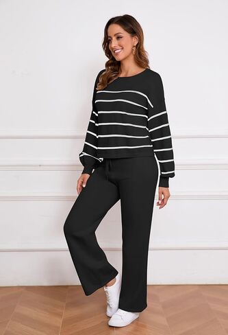 Pink Queen Two Piece Outfits for Women Lounge Sets Striped Knitted Sweater Tops Wide Leg Pants Loungewear Fall 2024 in Saudi Arabia