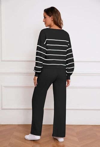 Pink Queen Two Piece Outfits for Women Lounge Sets Striped Knitted Sweater Tops Wide Leg Pants Loungewear Fall 2024 in Saudi Arabia