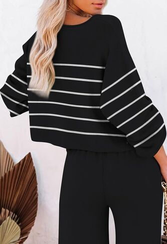 Pink Queen Two Piece Outfits for Women Lounge Sets Striped Knitted Sweater Tops Wide Leg Pants Loungewear Fall 2024 in Saudi Arabia