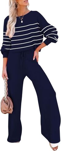 Pink Queen Two Piece Outfits for Women Lounge Sets Striped Knitted Sweater Tops Wide Leg Pants Loungewear Fall 2024 in Saudi Arabia