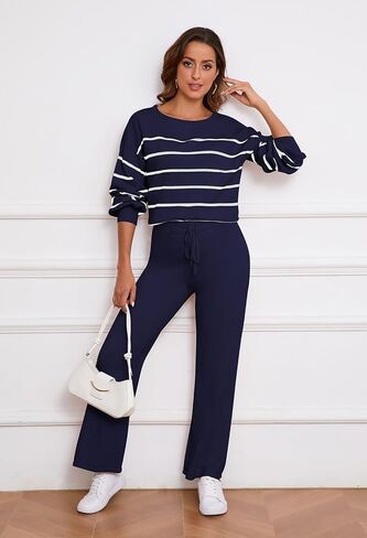 Pink Queen Two Piece Outfits for Women Lounge Sets Striped Knitted Sweater Tops Wide Leg Pants Loungewear Fall 2024 in Saudi Arabia